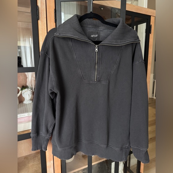 Aerie Down To Earth half zipper pullover sweatshirt ribbed charcoal oversized - Picture 1 of 8
